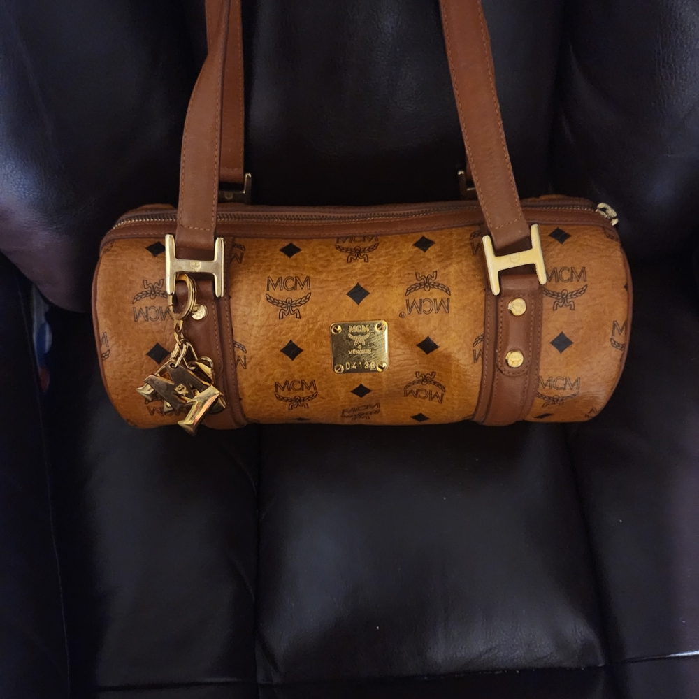 MCM Brown Monogram Barrel Bag With MCM Bag Charm